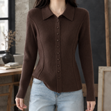 Collared Ribbed Knit Cardigan with Button-Front