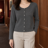 Button Front Cardigan with Scoop Neck and Long Sleeves