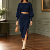 Ribbed Bodycon Midi Sweater Dress with Balloon Sleeves and Side Slit