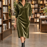 Velvet Collared Midi Dress with Button Front