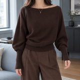 Boat Neck Sweater with Batwing Sleeve and Ribbed Cuff