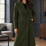 Tailored Double-Breasted Long Wool Coat with Flap Pockets