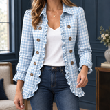 Gingham Ruffle Trim Blazer with Button-Front