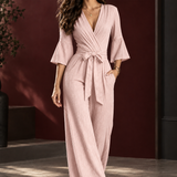 Wrap Wide-Leg Jumpsuit with Flared Sleeves