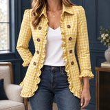 Gingham Ruffle Trim Blazer with Button-Front