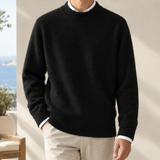 Fuzzy Knit Sweater with Ribbed Trim and Round Neck