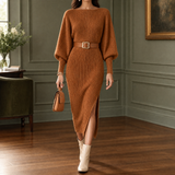 Ribbed Bodycon Midi Sweater Dress with Balloon Sleeves and Side Slit