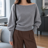 Boat Neck Sweater with Batwing Sleeve and Ribbed Cuff
