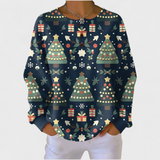 Women's Christmas Sweater with Festive Print and Henley Neckline