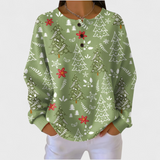 Women's Christmas Sweater with Festive Print and Henley Neckline