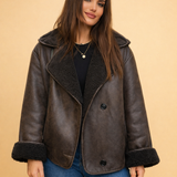 Sherpa-Lined Faux Suede Jacket with Button Front and Wide Collar