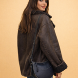 Sherpa-Lined Faux Suede Jacket with Button Front and Wide Collar