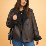 Sherpa-Lined Faux Suede Jacket with Button Front and Wide Collar