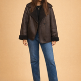 Sherpa-Lined Faux Suede Jacket with Button Front and Wide Collar