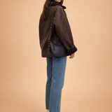 Sherpa-Lined Faux Suede Jacket with Button Front and Wide Collar