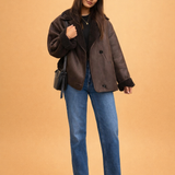 Sherpa-Lined Faux Suede Jacket with Button Front and Wide Collar