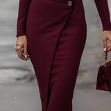 Tailored Wrap Midi Dress with V-Neck and Button Front