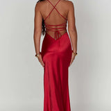 Satin Slip Maxi Dress with V-Neck and Leg Slit