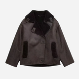 Oversized Faux Suede Jacket with Shearling Collar and Button Front