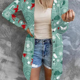 Christmas Cardigan for Women with Candy Cane and Gingerbread Print Long Sleeves Open Front