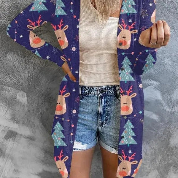 Christmas Cardigan for Women with Candy Cane and Gingerbread Print Long Sleeves Open Front