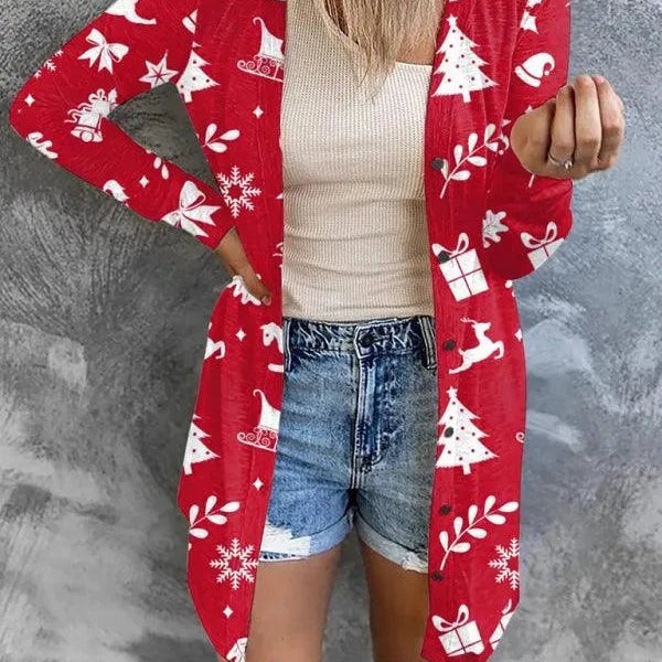 Christmas Cardigan for Women with Candy Cane and Gingerbread Print Long Sleeves Open Front