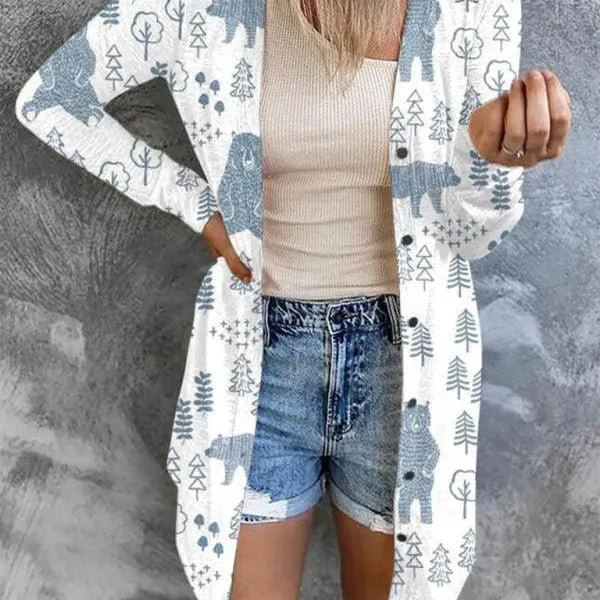 Christmas Cardigan for Women with Candy Cane and Gingerbread Print Long Sleeves Open Front