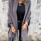 Long Open-Front Cardigan with Shawl Collar and Fringed Hem