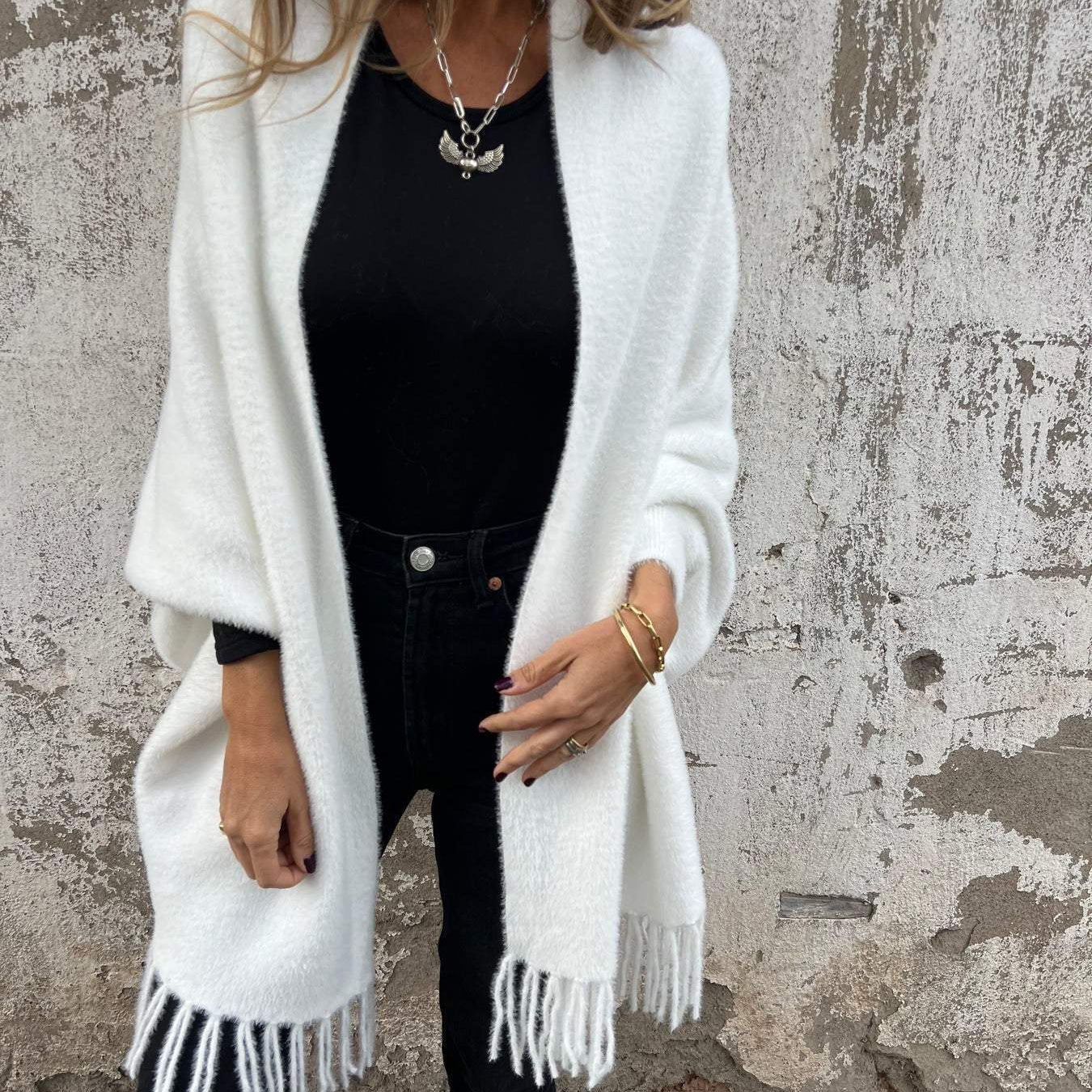 Long Open-Front Cardigan with Shawl Collar and Fringed Hem