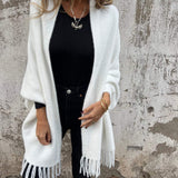 Long Open-Front Cardigan with Shawl Collar and Fringed Hem
