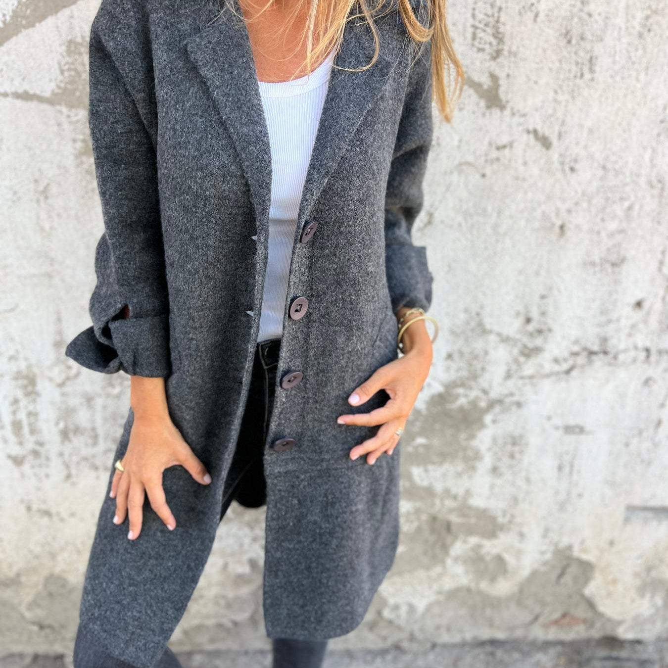 Women's Long Cardigan with Notched Lapels and Button Front for Everyday Wear