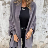 Long Open-Front Cardigan with Shawl Collar and Fringed Hem