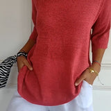 Oversized Knit Top with V-Neck and Half Sleeves