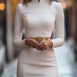 Bodycon Long Sleeve Belted Mini Dress with Mandarin Collar