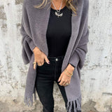 Long Open-Front Cardigan with Shawl Collar and Fringed Hem