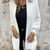 Long Open-Front Cardigan with Shawl Collar and Fringed Hem