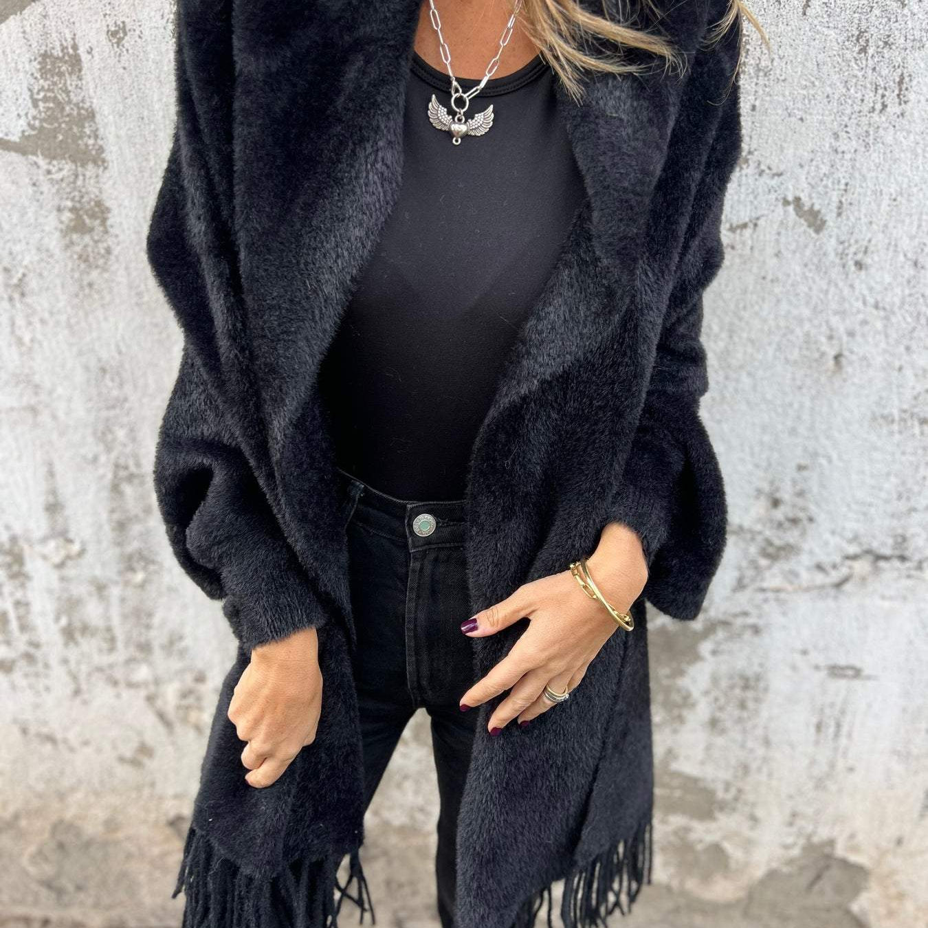 Long Open-Front Cardigan with Shawl Collar and Fringed Hem