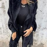 Long Open-Front Cardigan with Shawl Collar and Fringed Hem