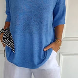 Oversized Knit Top with V-Neck and Half Sleeves