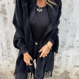 Long Open-Front Cardigan with Shawl Collar and Fringed Hem
