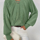 Cropped Cable Knit Sweater with Crew Neck and Balloon Sleeves