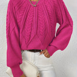 Cropped Cable Knit Sweater with Crew Neck and Balloon Sleeves