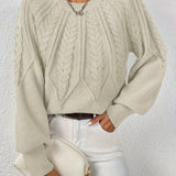 Cropped Cable Knit Sweater with Crew Neck and Balloon Sleeves