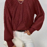 Cropped Cable Knit Sweater with Crew Neck and Balloon Sleeves