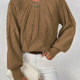 Cropped Cable Knit Sweater with Crew Neck and Balloon Sleeves