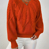 Cropped Cable Knit Sweater with Crew Neck and Balloon Sleeves