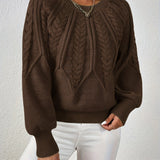 Cropped Cable Knit Sweater with Crew Neck and Balloon Sleeves