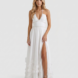 Halter Maxi Dress with Ruffle Hem and Thigh Slit