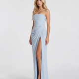 Strapless Ruched Bodycon Maxi Dress with Thigh Slit