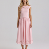 Eyelet A-Line Midi Dress with Off-Shoulder Neckline